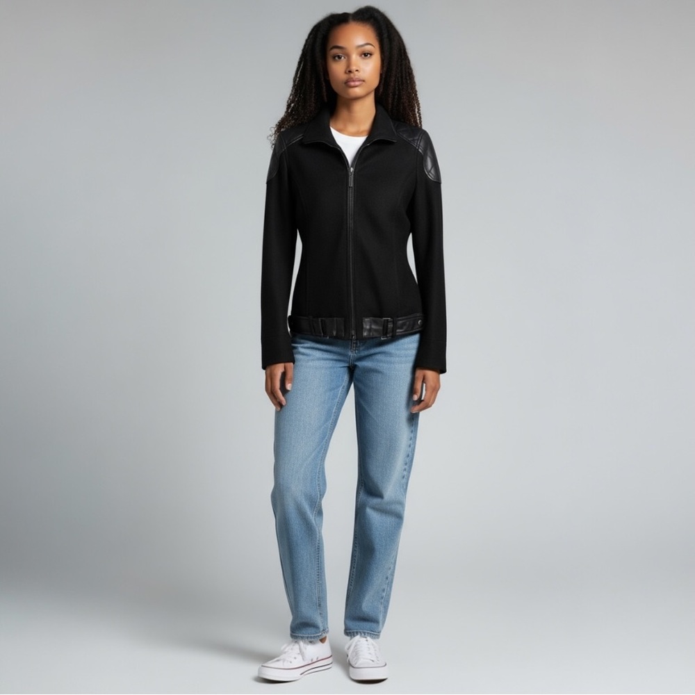 Trina Turk Wool and Leather Black Bomber Moto Punk Jacket